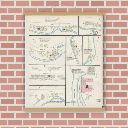 Old map wall art mockup — magnetic wood frame on brick wall — Sanborn Fire Insurance Map from Lee, Berkshire County, Massachusetts (1884), Sheet #0004