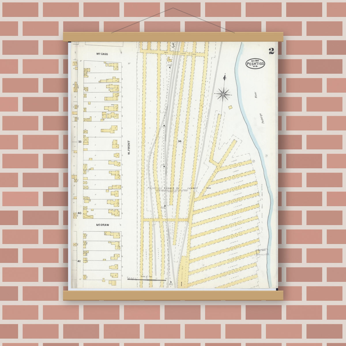 Old map wall art mockup — magnetic wood frame on brick wall — Sanborn Fire Insurance Map from Peshtigo, Marinette County, Wisconsin (1904), Sheet #0002