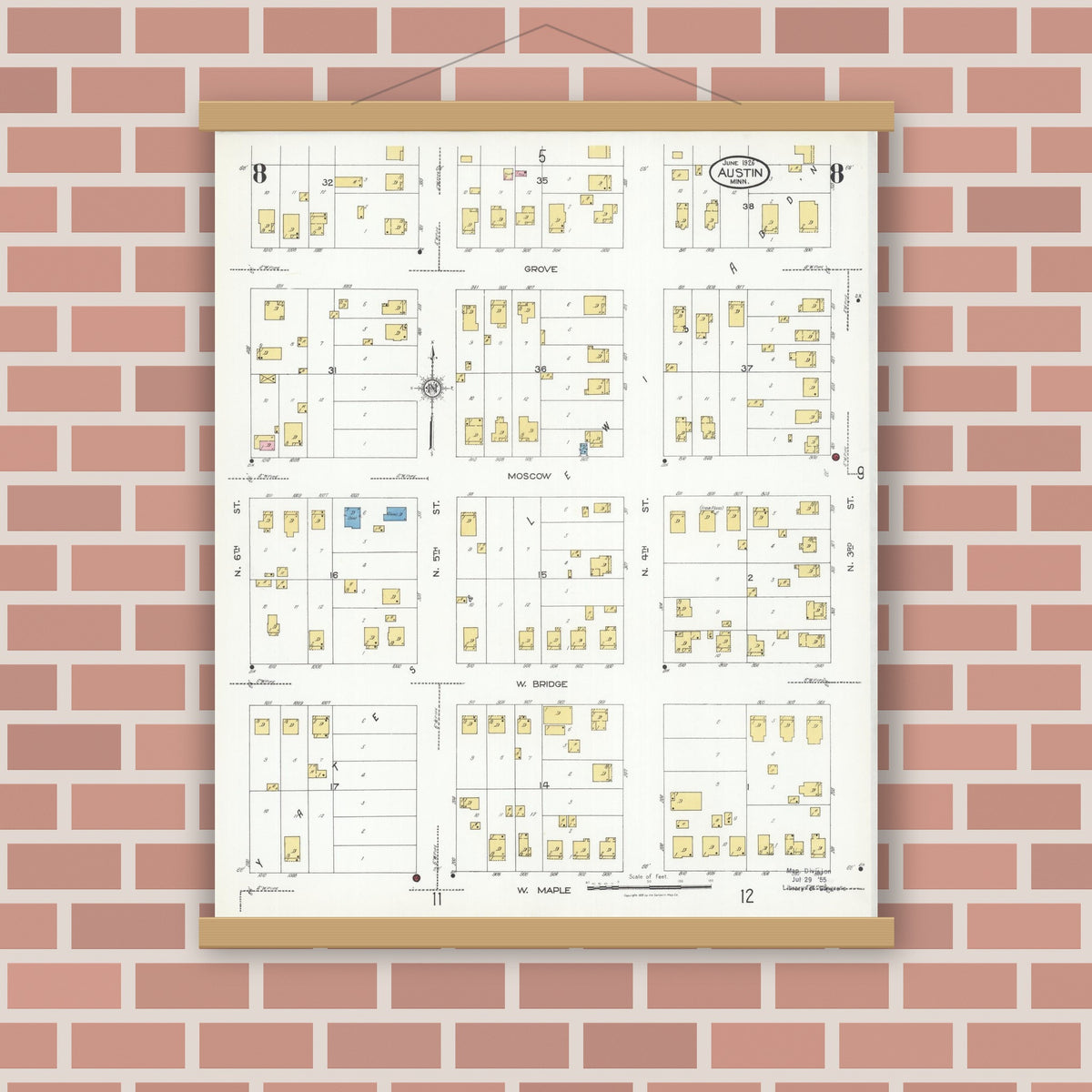 Old map wall art mockup — magnetic wood frame on brick wall — Sanborn Fire Insurance Map from Austin, Mower County, Minnesota (1926), Sheet #0008