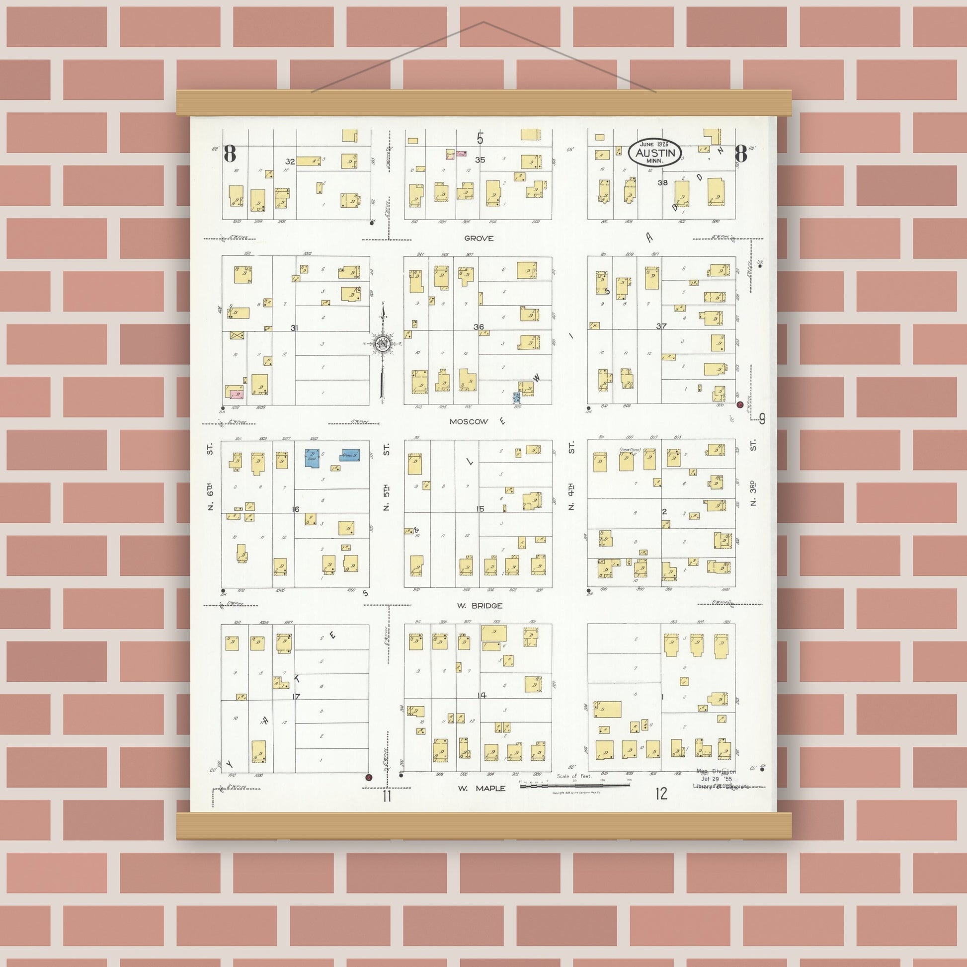 Old map wall art mockup — magnetic wood frame on brick wall — Sanborn Fire Insurance Map from Austin, Mower County, Minnesota (1926), Sheet #0008