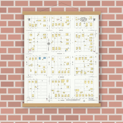 Old map wall art mockup — magnetic wood frame on brick wall — Sanborn Fire Insurance Map from Austin, Mower County, Minnesota (1926), Sheet #0008