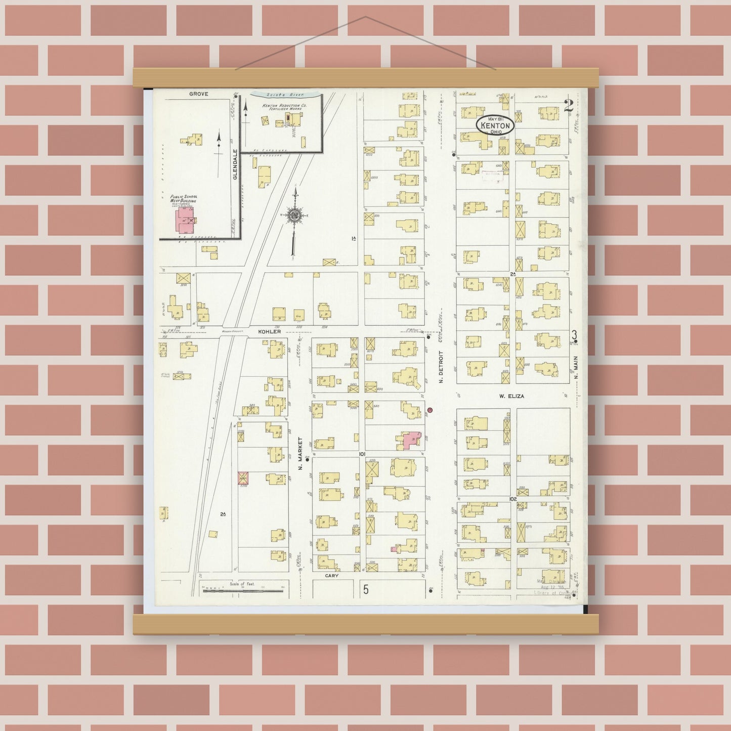 Old map wall art mockup — magnetic wood frame on brick wall — Sanborn Fire Insurance Map from Kenton, Hardin County, Ohio (1911), Sheet #0002