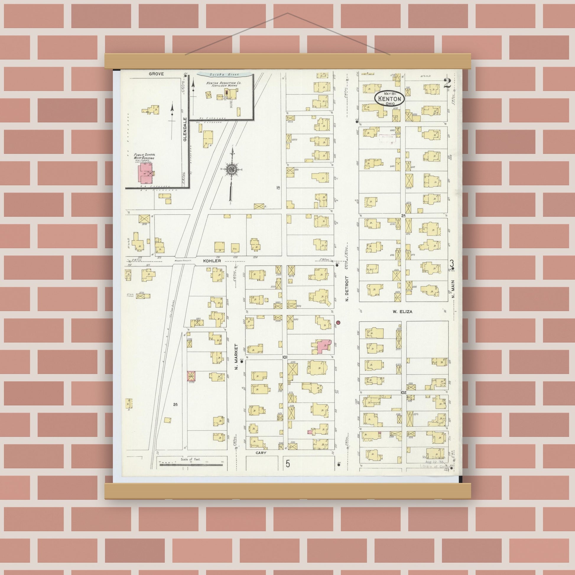 Old map wall art mockup — magnetic wood frame on brick wall — Sanborn Fire Insurance Map from Kenton, Hardin County, Ohio (1911), Sheet #0002