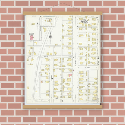 Old map wall art mockup — magnetic wood frame on brick wall — Sanborn Fire Insurance Map from Kenton, Hardin County, Ohio (1911), Sheet #0002