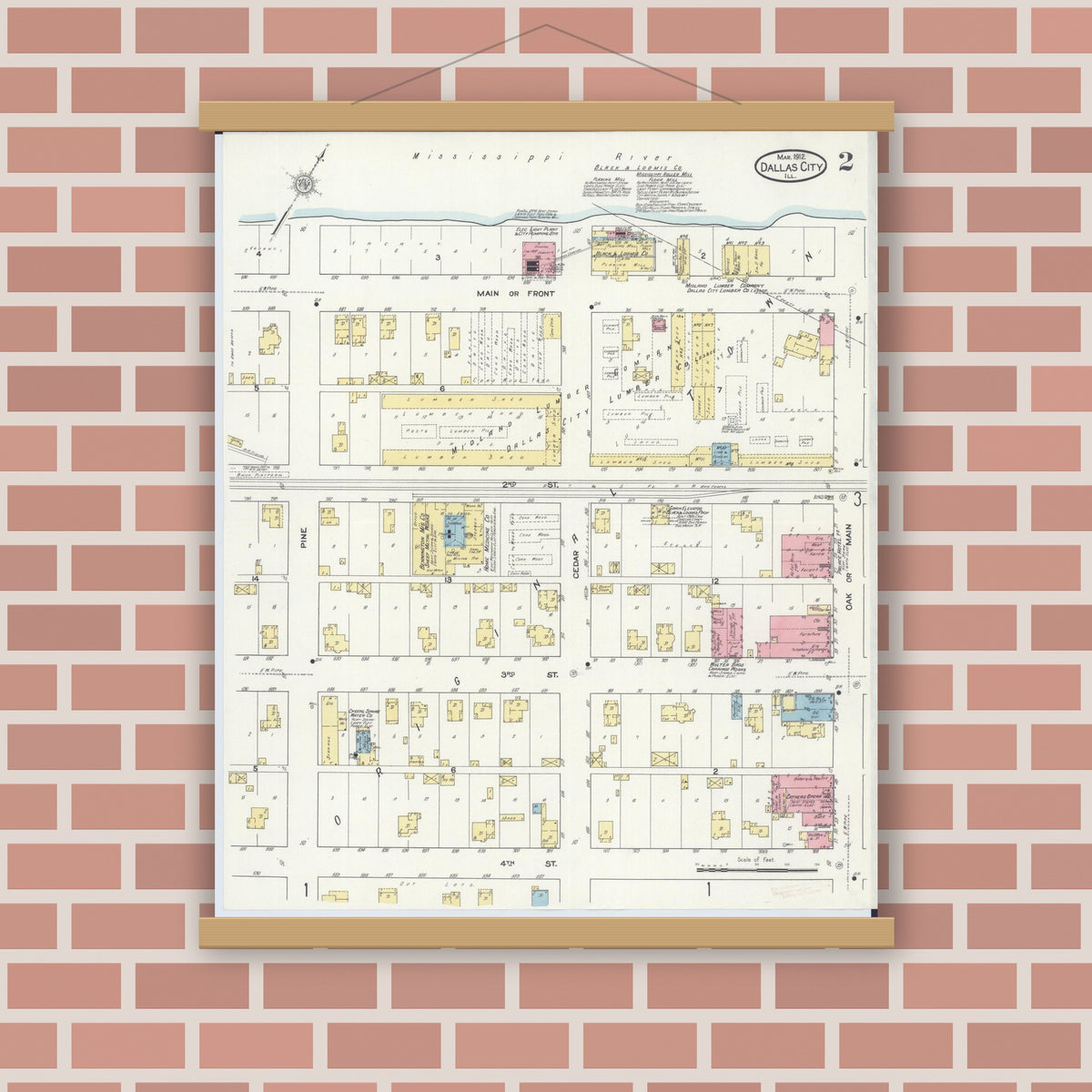 Old map wall art mockup — magnetic wood frame on brick wall — Sanborn Fire Insurance Map from Dallas City, Hancock County, Illinois (1912), Sheet #0002