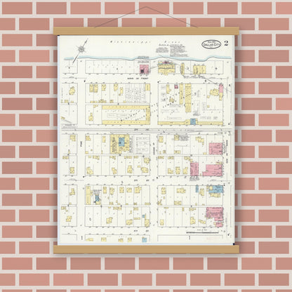 Old map wall art mockup — magnetic wood frame on brick wall — Sanborn Fire Insurance Map from Dallas City, Hancock County, Illinois (1912), Sheet #0002