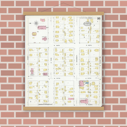 Old map wall art mockup — magnetic wood frame on brick wall — Sanborn Fire Insurance Map from Champaign, Champaign County, Illinois (1909), Sheet #0016