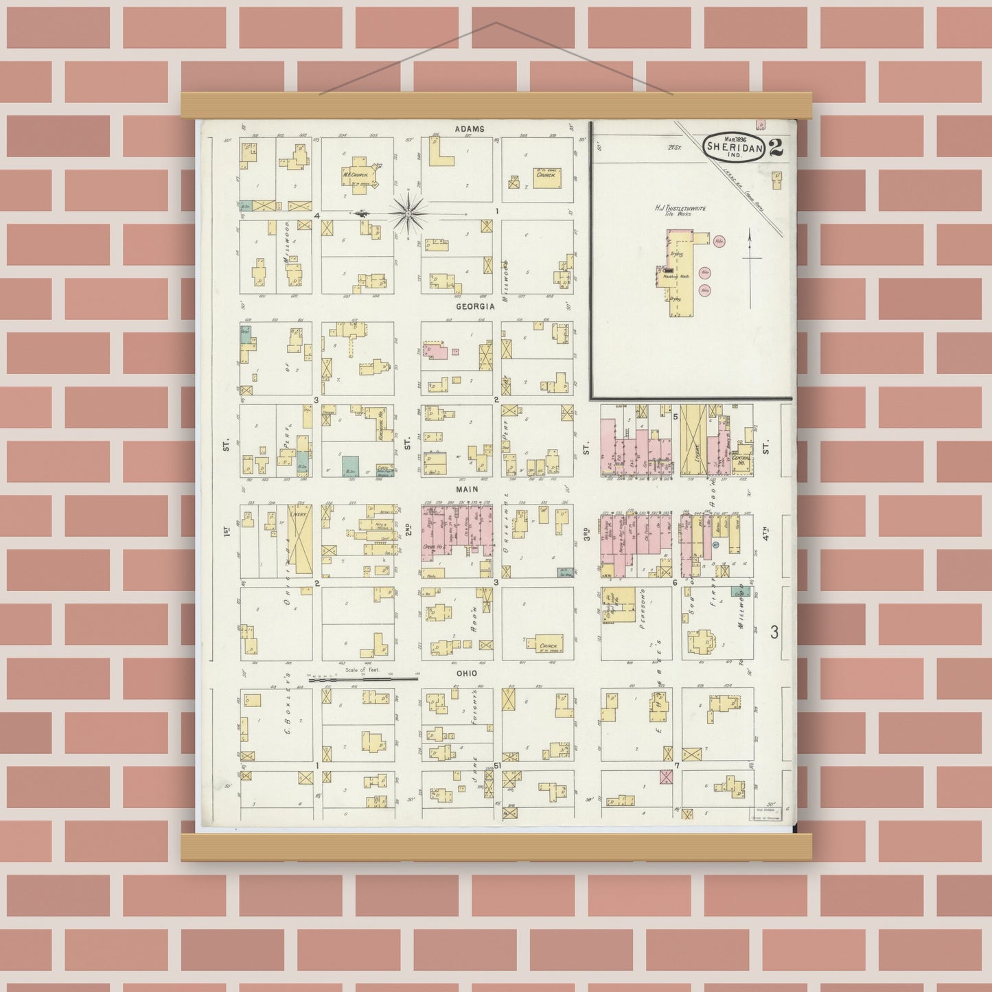 Old map wall art mockup — magnetic wood frame on brick wall — Sanborn Fire Insurance Map from Sheridan, Hamilton County, Indiana (1896), Sheet #0002