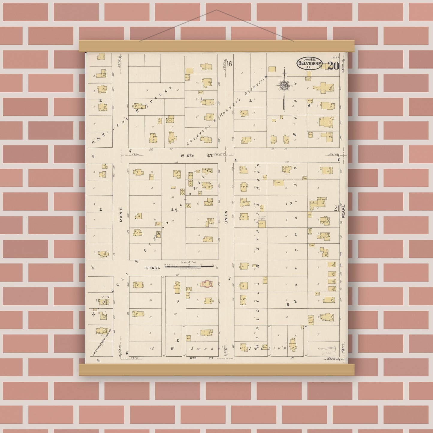 Old map wall art mockup — magnetic wood frame on brick wall — Sanborn Fire Insurance Map from Belvidere, Boone County, Illinois (1922), Sheet #0020