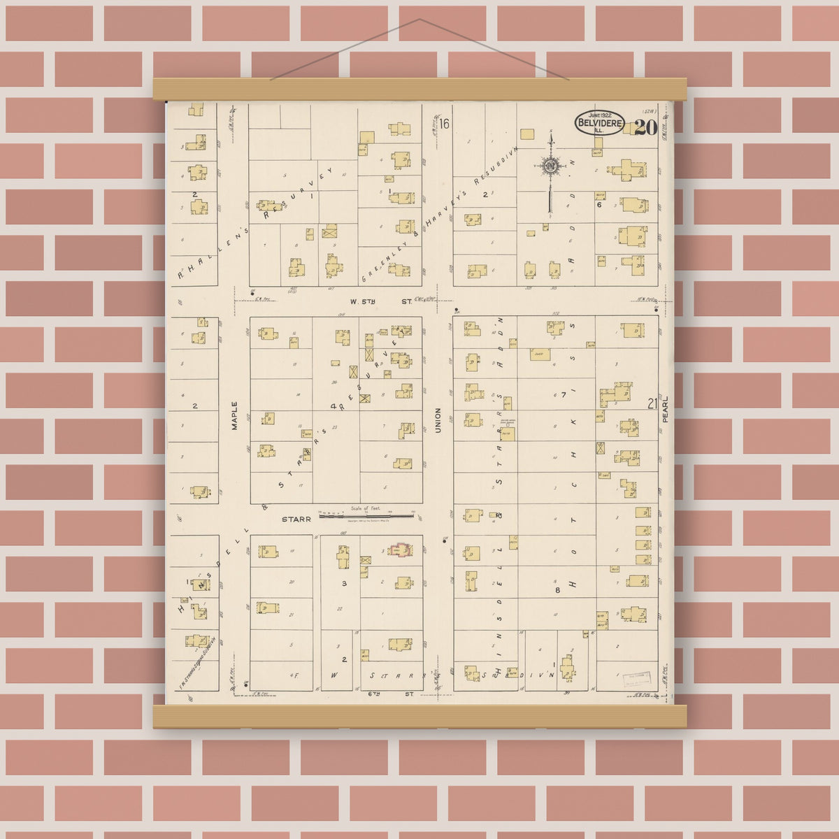 Old map wall art mockup — magnetic wood frame on brick wall — Sanborn Fire Insurance Map from Belvidere, Boone County, Illinois (1922), Sheet #0020