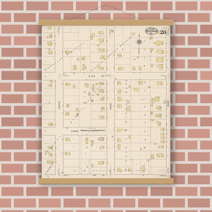 Old map wall art mockup — magnetic wood frame on brick wall — Sanborn Fire Insurance Map from Belvidere, Boone County, Illinois (1922), Sheet #0020