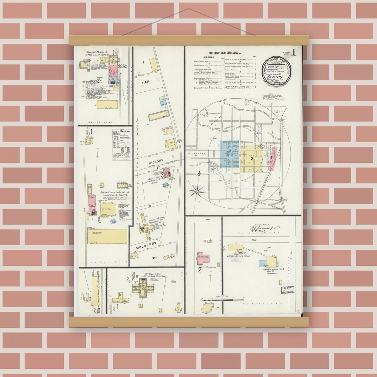 Old map wall art mockup — magnetic wood frame on brick wall — Sanborn Fire Insurance Map from Denton, Denton County, Texas (1896), Sheet #0001