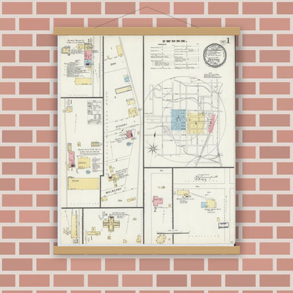 Old map wall art mockup — magnetic wood frame on brick wall — Sanborn Fire Insurance Map from Denton, Denton County, Texas (1896), Sheet #0001