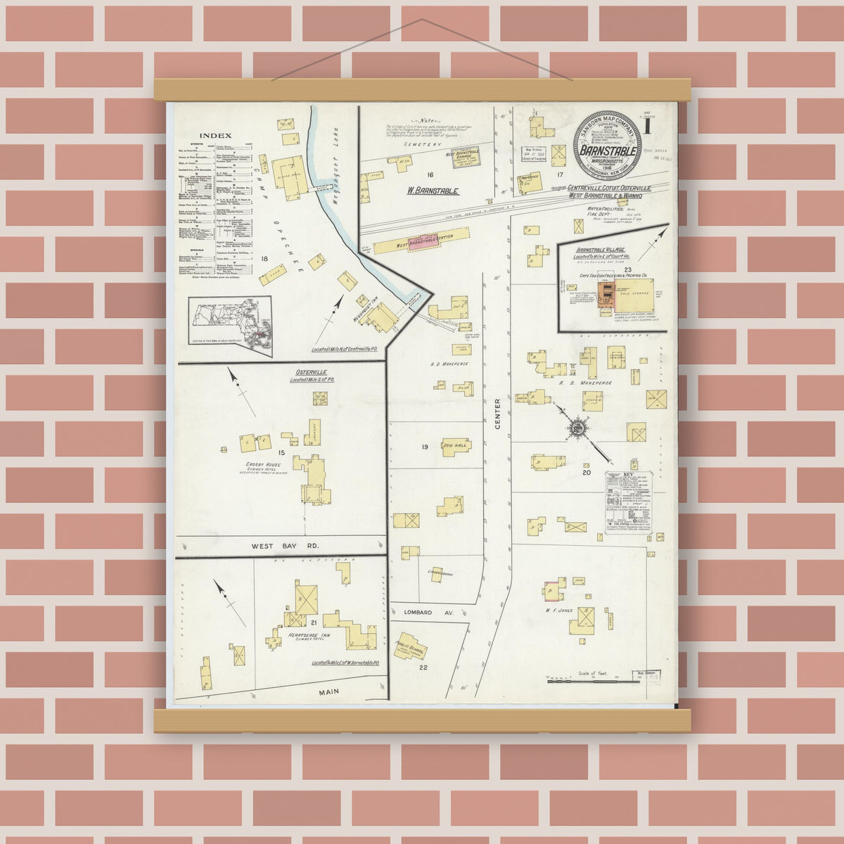 Old map wall art mockup — magnetic wood frame on brick wall — Sanborn Fire Insurance Map from Barnstable, Barnstable County, Massachusetts (1916) - Complete Map Set