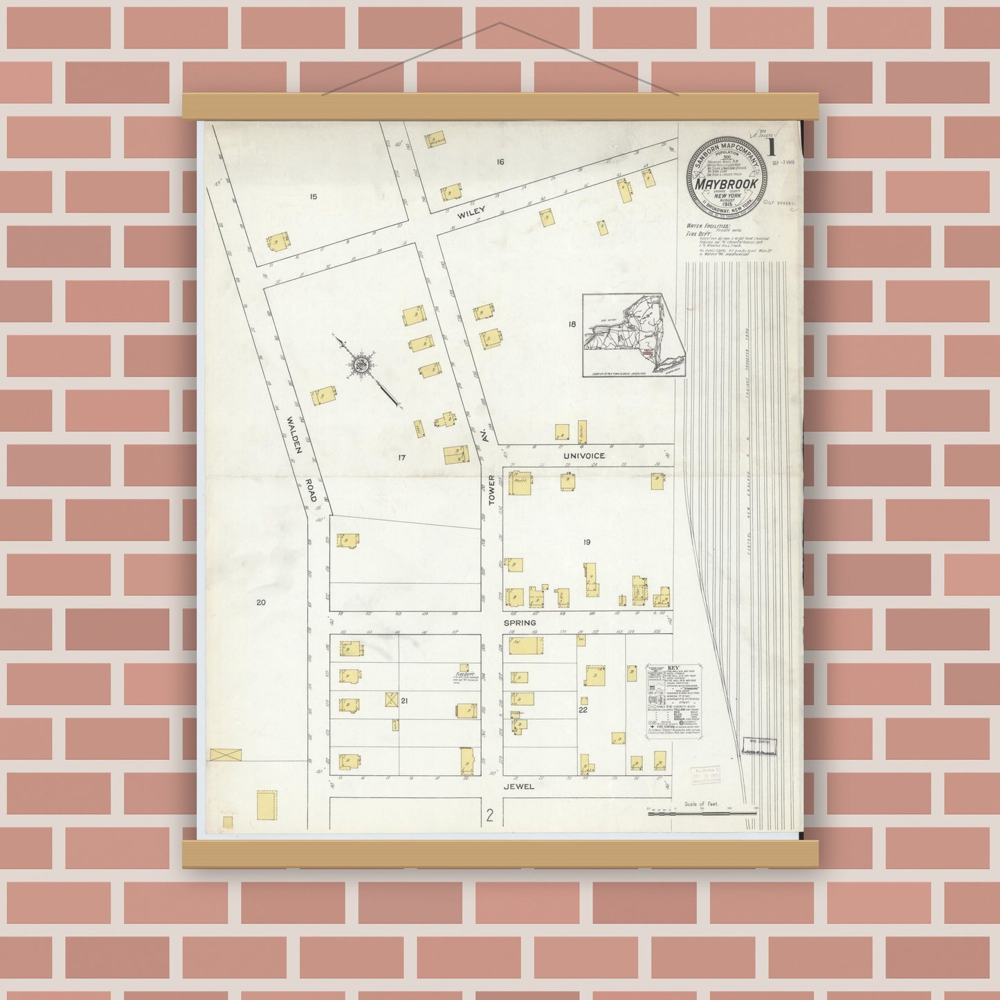 Old map wall art mockup — magnetic wood frame on brick wall — Sanborn Fire Insurance Map from Maybrook, Orange County, New York (1915) - Complete Map Set