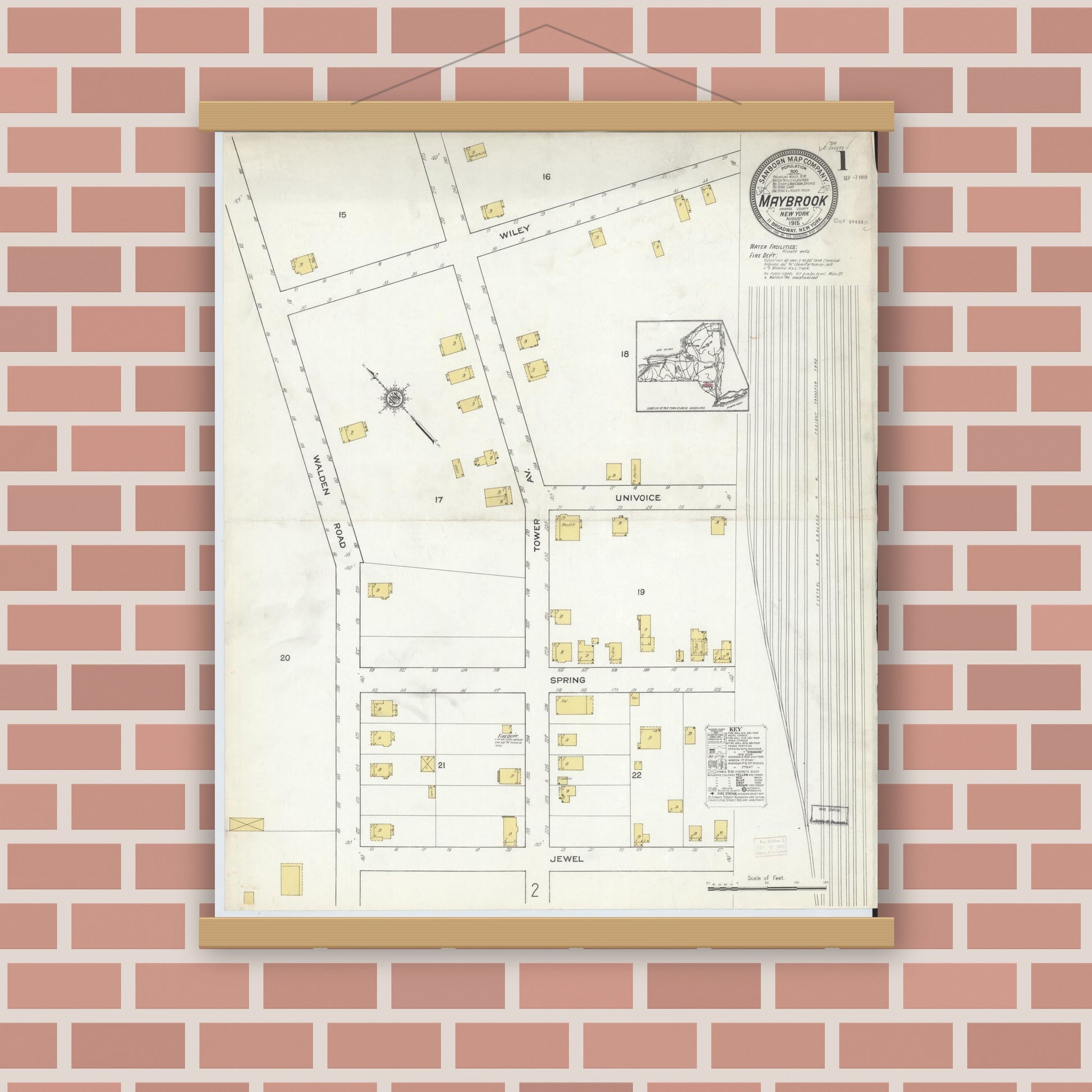 Old map wall art mockup — magnetic wood frame on brick wall — Sanborn Fire Insurance Map from Maybrook, Orange County, New York (1915) - Complete Map Set
