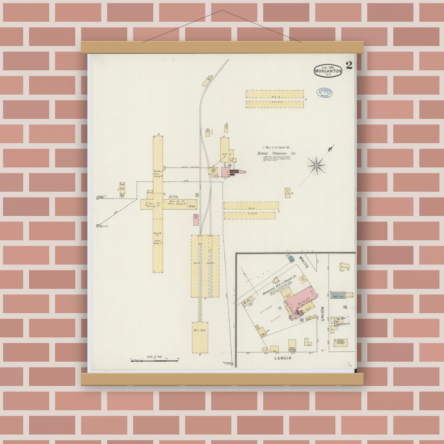 Old map wall art mockup — magnetic wood frame on brick wall — Sanborn Fire Insurance Map from Morganton, Burke County, North Carolina (1894), Sheet #0002
