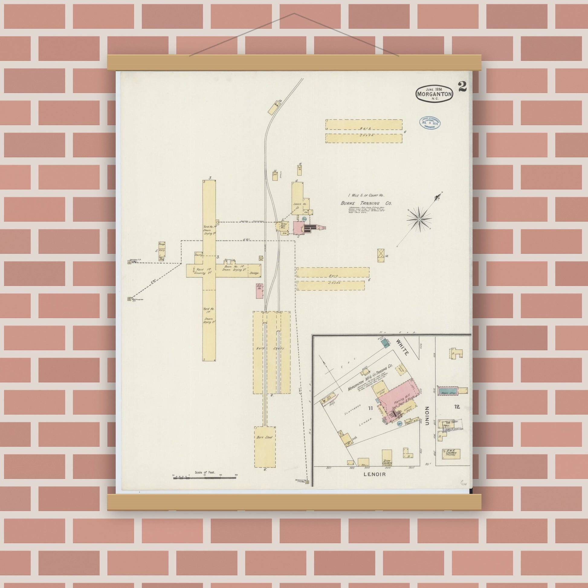 Old map wall art mockup — magnetic wood frame on brick wall — Sanborn Fire Insurance Map from Morganton, Burke County, North Carolina (1894), Sheet #0002