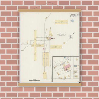 Old map wall art mockup — magnetic wood frame on brick wall — Sanborn Fire Insurance Map from Morganton, Burke County, North Carolina (1894), Sheet #0002