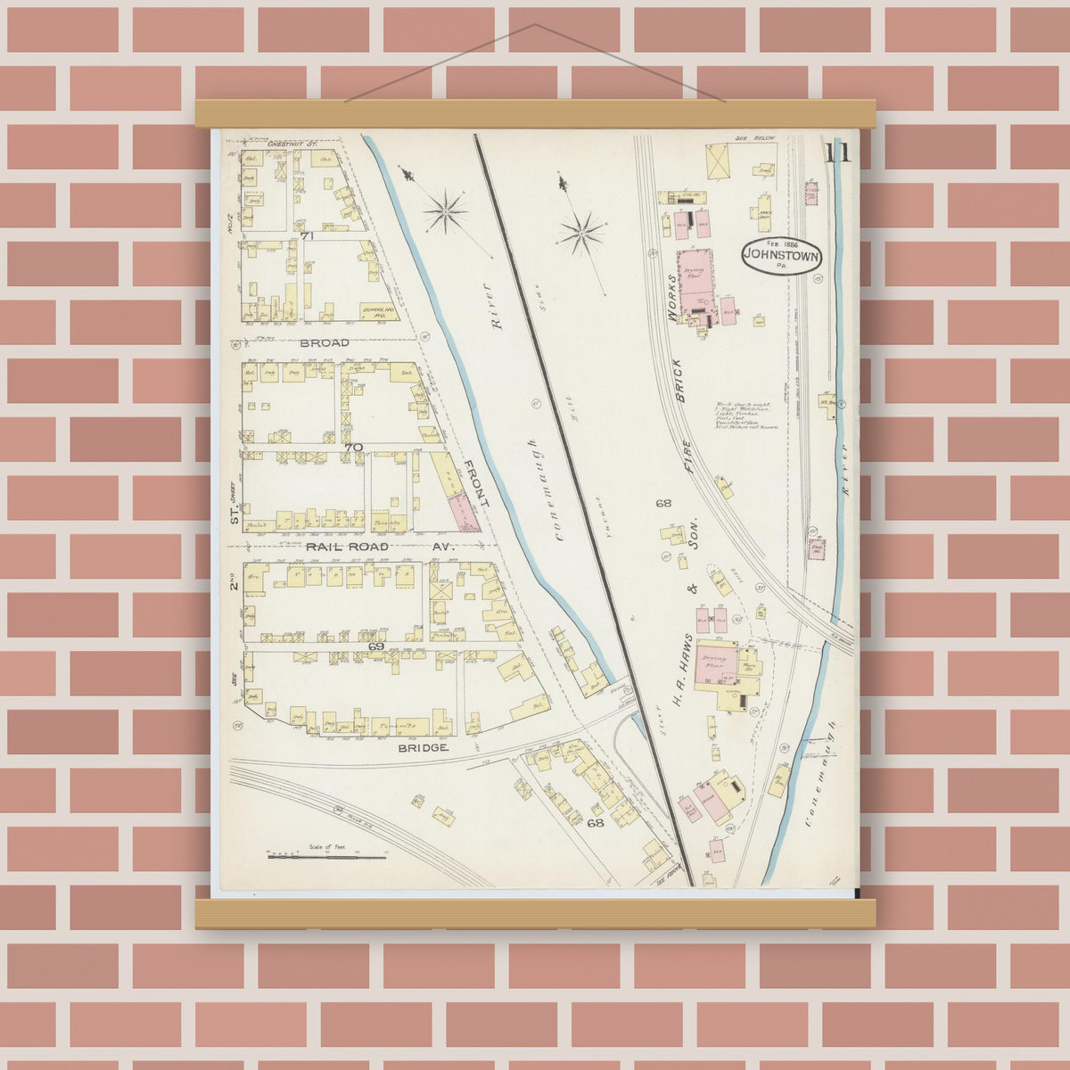 Old map wall art mockup — magnetic wood frame on brick wall — Sanborn Fire Insurance Map from Johnstown, Cambria County, Pennsylvania (1886), Sheet #0011