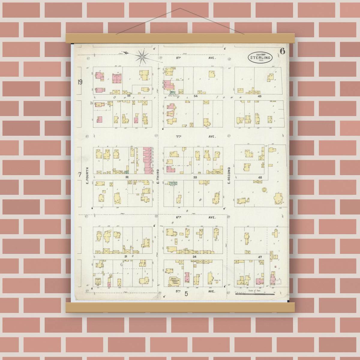 Old map wall art mockup — magnetic wood frame on brick wall — Sanborn Fire Insurance Map from Sterling, Whiteside County, Illinois (1897), Sheet #0006