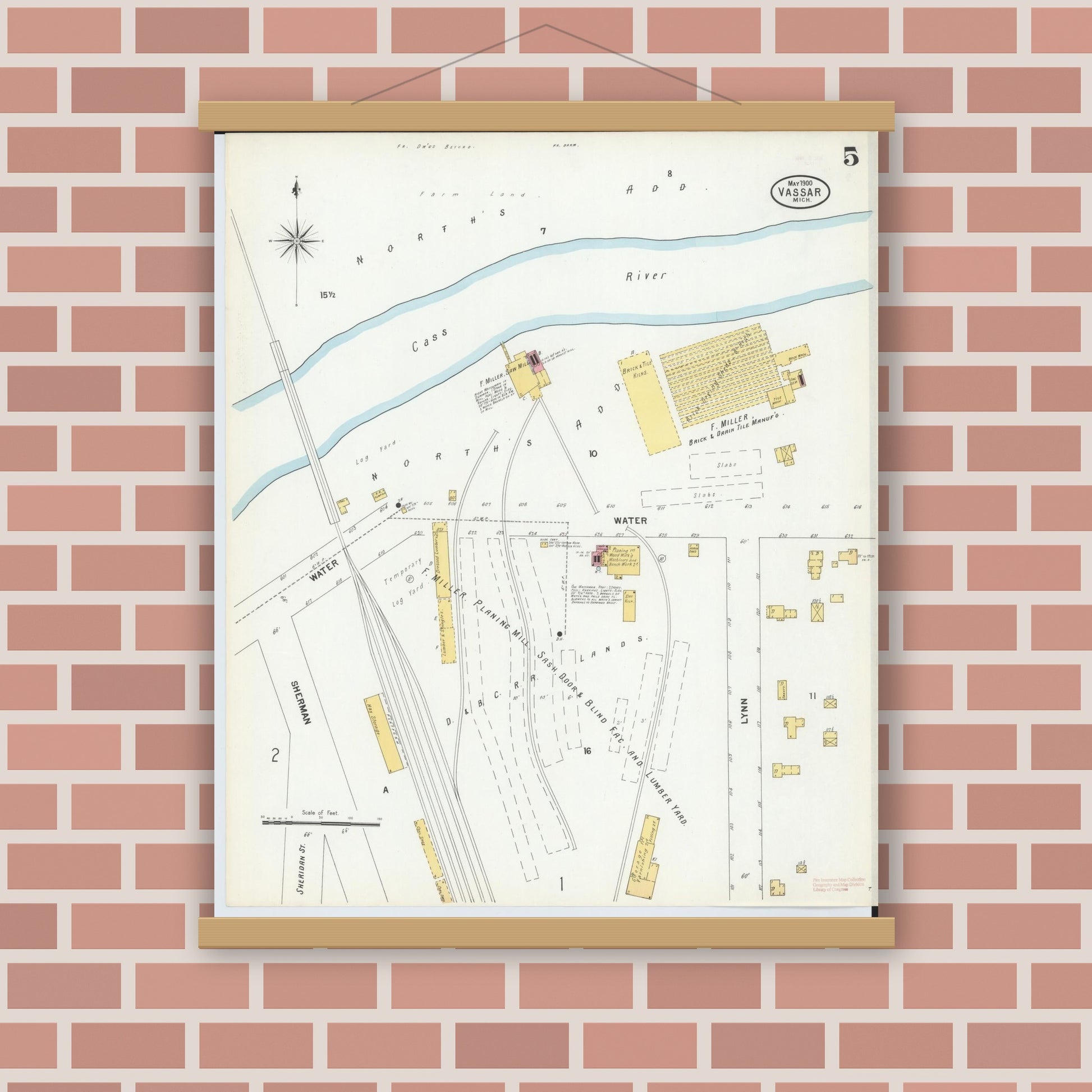 Old map wall art mockup — magnetic wood frame on brick wall — Sanborn Fire Insurance Map from Vassar, Tuscola County, Michigan (1900), Sheet #0005