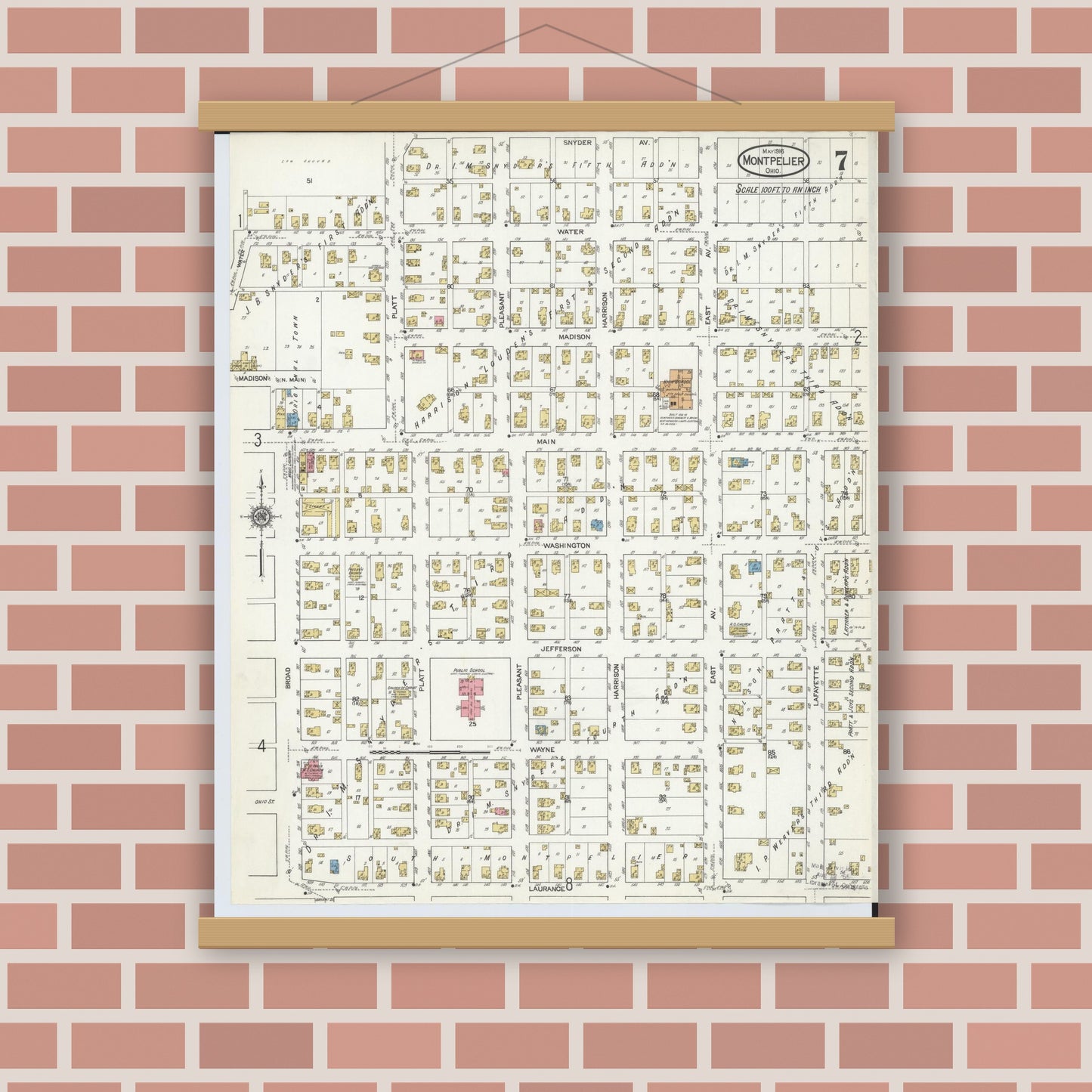Old map wall art mockup — magnetic wood frame on brick wall — Sanborn Fire Insurance Map from Montpelier, Williams County, Ohio (1916), Sheet #0007