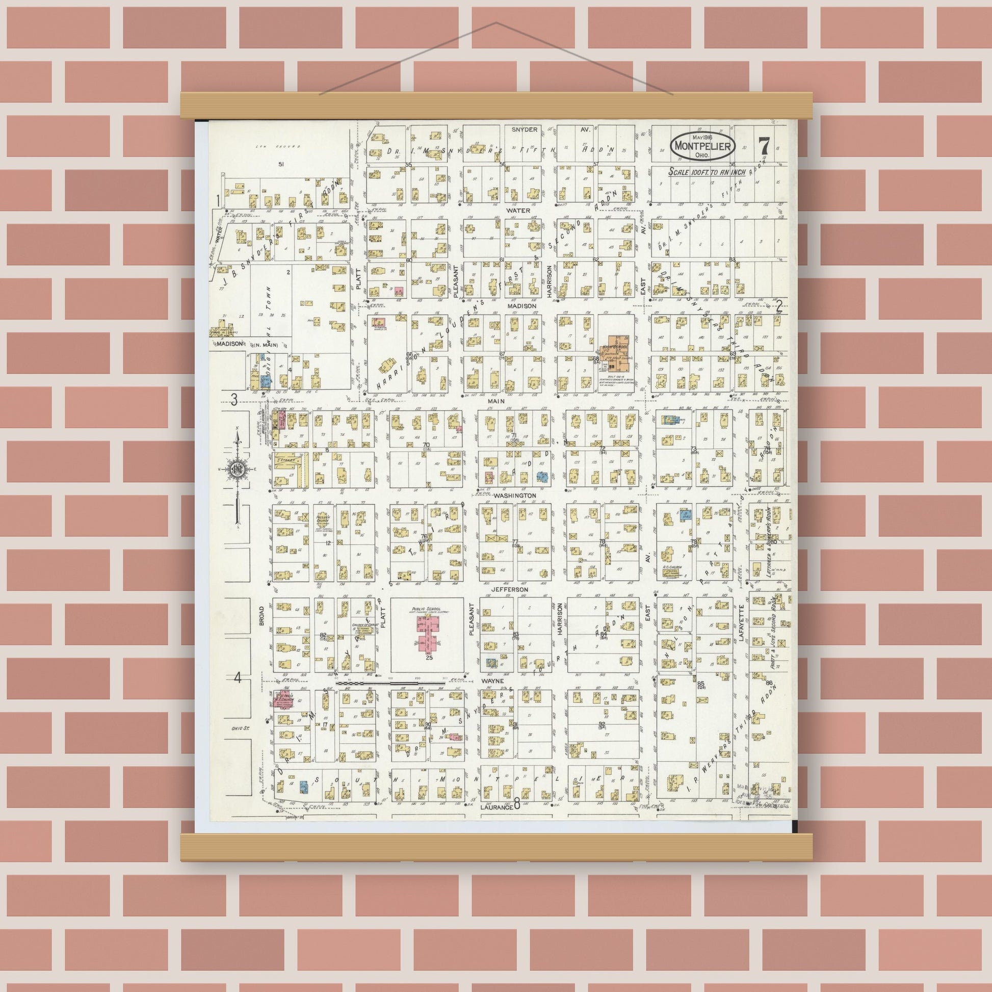 Old map wall art mockup — magnetic wood frame on brick wall — Sanborn Fire Insurance Map from Montpelier, Williams County, Ohio (1916), Sheet #0007
