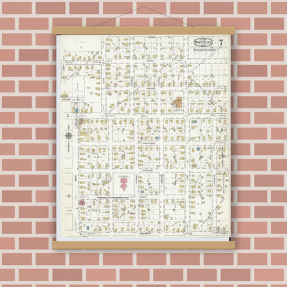 Old map wall art mockup — magnetic wood frame on brick wall — Sanborn Fire Insurance Map from Montpelier, Williams County, Ohio (1916), Sheet #0007