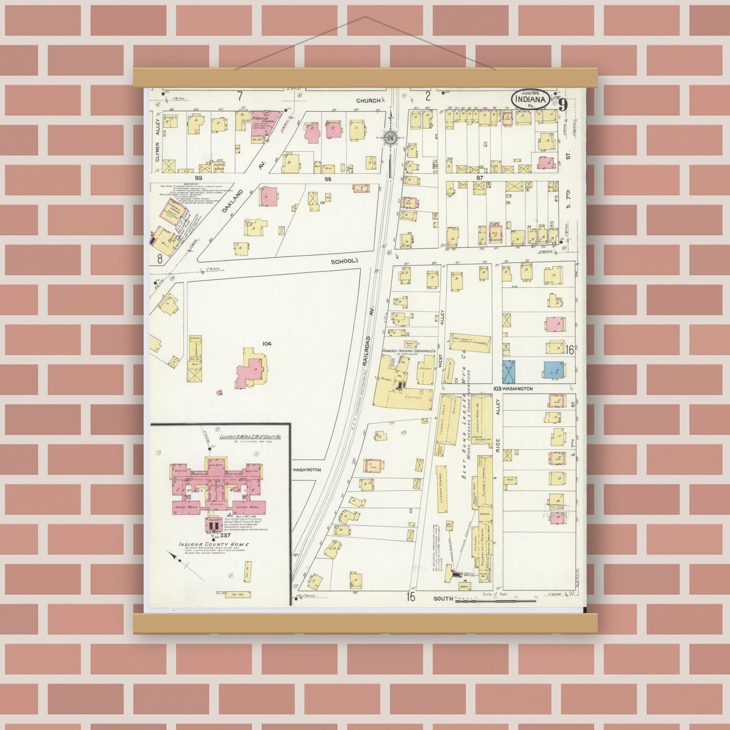 Old map wall art mockup — magnetic wood frame on brick wall — Sanborn Fire Insurance Map from Indiana, Indiana County, Pennsylvania (1916), Sheet #0009