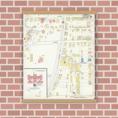 Old map wall art mockup — magnetic wood frame on brick wall — Sanborn Fire Insurance Map from Indiana, Indiana County, Pennsylvania (1916), Sheet #0009