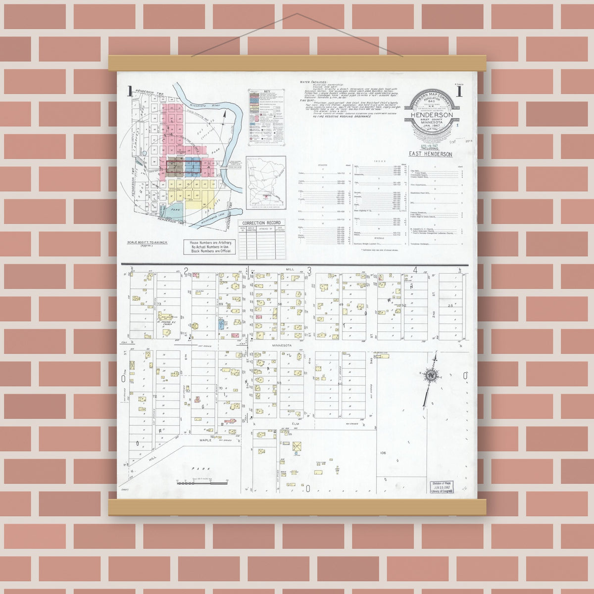 Old map wall art mockup — magnetic wood frame on brick wall — Sanborn Fire Insurance Map from Henderson, Sibley County, Minnesota (1947), Sheet #0001