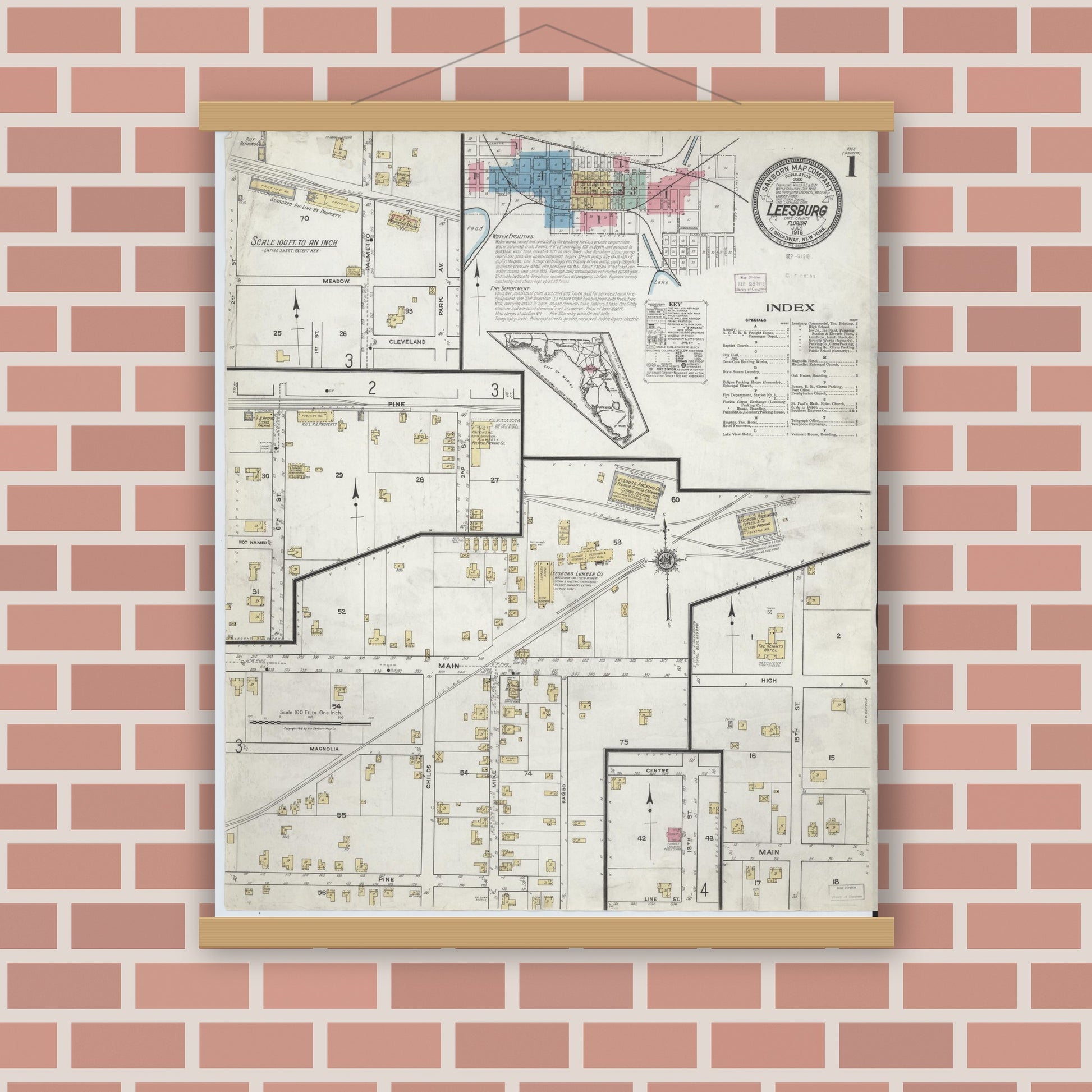 Old map wall art mockup — magnetic wood frame on brick wall — Sanborn Fire Insurance Map from Leesburg, Lake County, Florida (1918), Sheet #0001