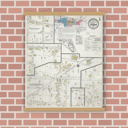 Old map wall art mockup — magnetic wood frame on brick wall — Sanborn Fire Insurance Map from Leesburg, Lake County, Florida (1918), Sheet #0001
