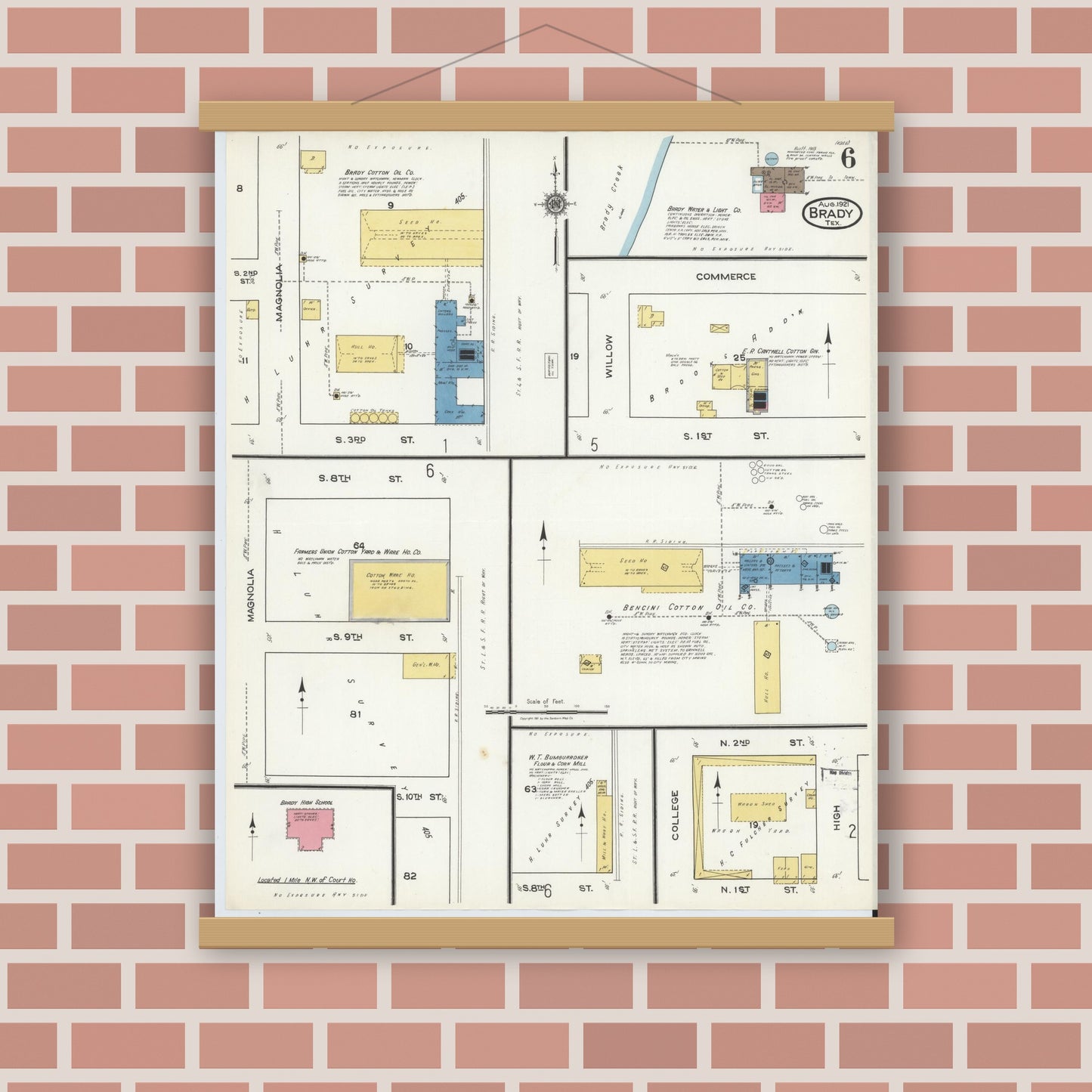 Old map wall art mockup — magnetic wood frame on brick wall — Sanborn Fire Insurance Map from Brady, McCulloch County, Texas (1921), Sheet #0006
