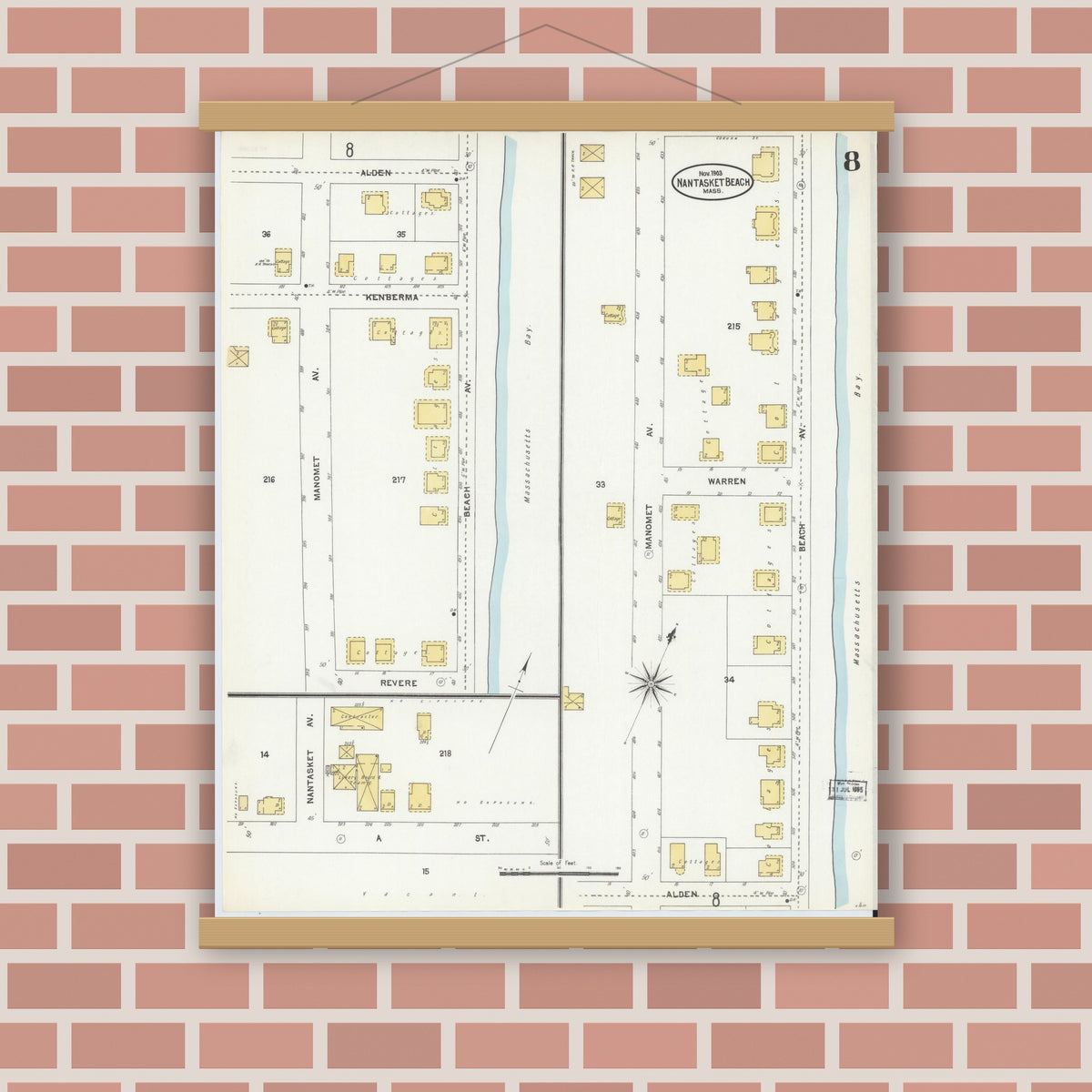 Old map wall art mockup — magnetic wood frame on brick wall — Sanborn Fire Insurance Map from Nantasket Beach, Plymouth County, Massachusetts (1903), Sheet #0008