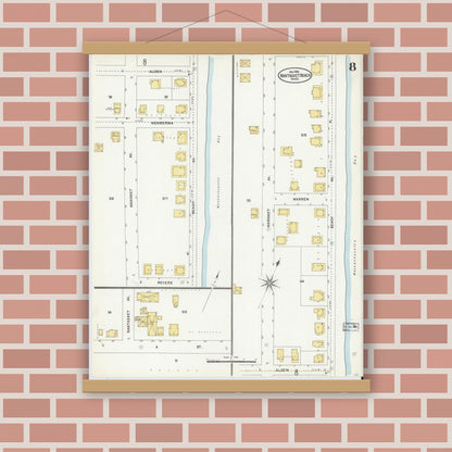 Old map wall art mockup — magnetic wood frame on brick wall — Sanborn Fire Insurance Map from Nantasket Beach, Plymouth County, Massachusetts (1903), Sheet #0008