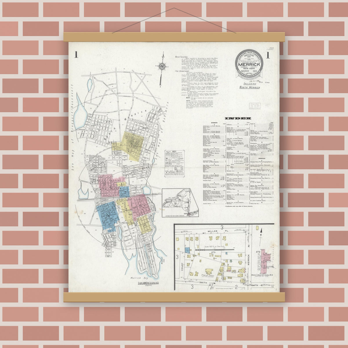 Old map wall art mockup — magnetic wood frame on brick wall — Sanborn Fire Insurance Map from Merrick, Nassau County, New York (1929) - Complete Map Set