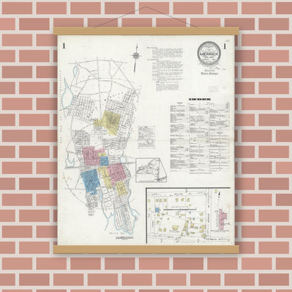 Old map wall art mockup — magnetic wood frame on brick wall — Sanborn Fire Insurance Map from Merrick, Nassau County, New York (1929) - Complete Map Set