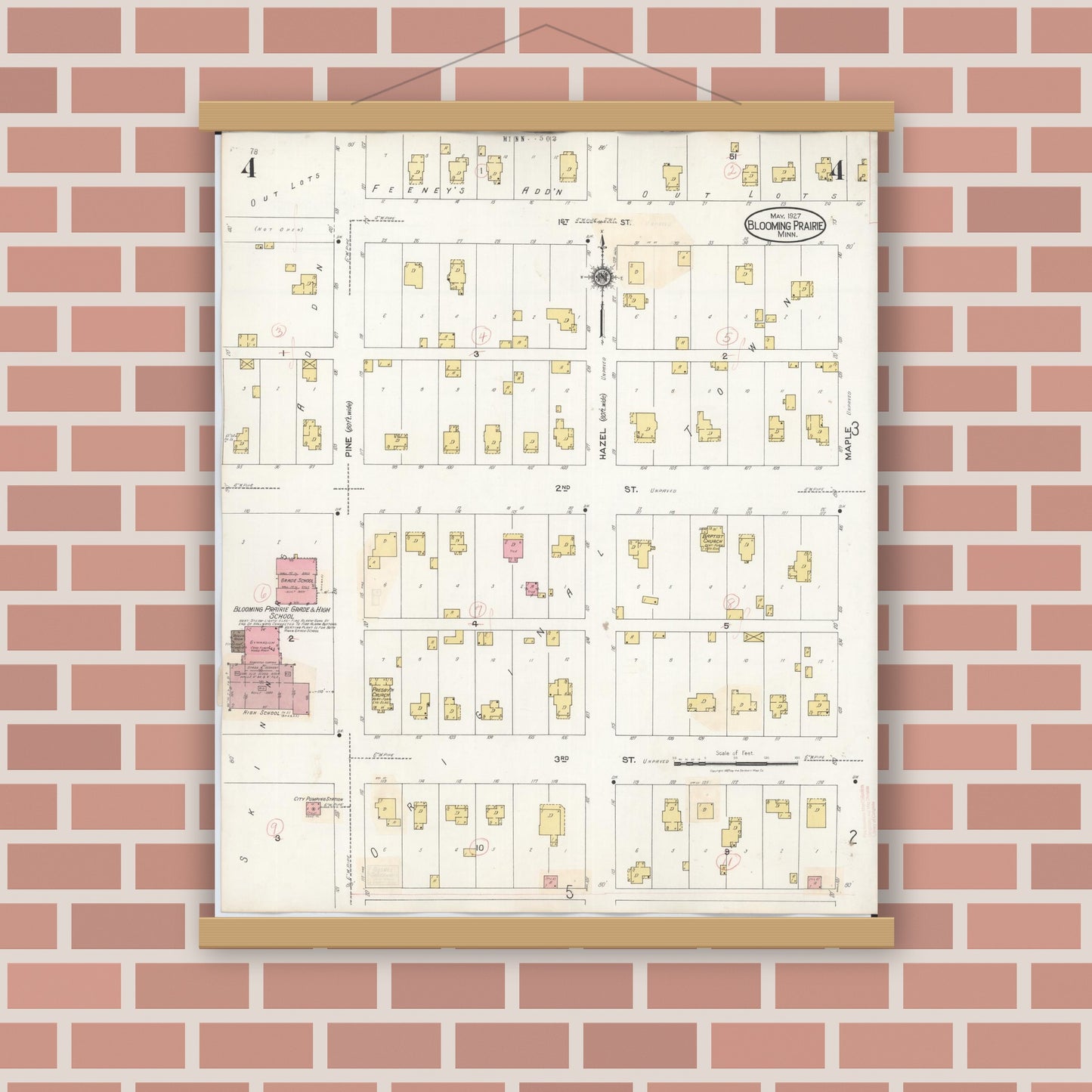Old map wall art mockup — magnetic wood frame on brick wall — Sanborn Fire Insurance Map from Blooming Prairie, Steele County, Minnesota (1937), Sheet #0004