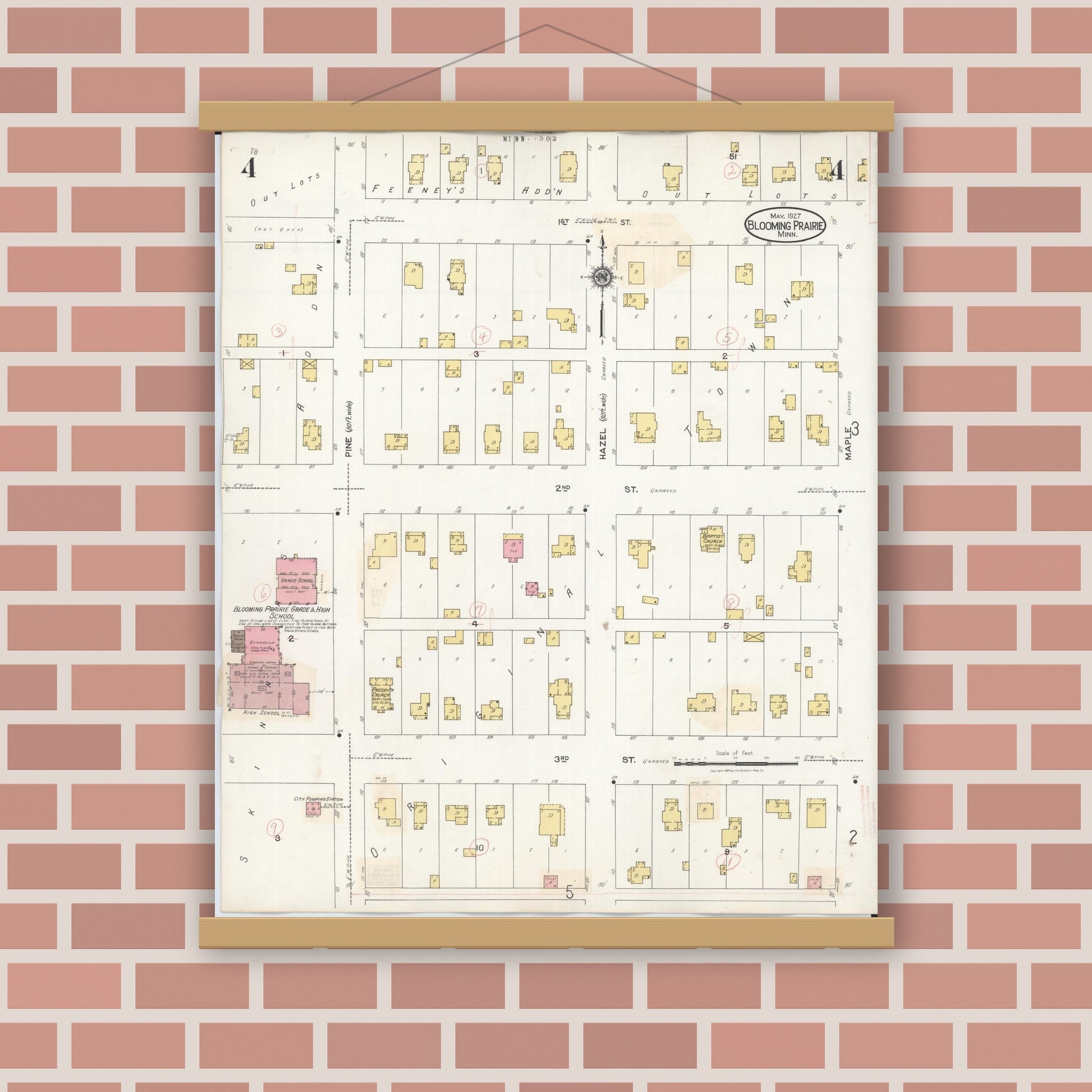 Old map wall art mockup — magnetic wood frame on brick wall — Sanborn Fire Insurance Map from Blooming Prairie, Steele County, Minnesota (1937), Sheet #0004