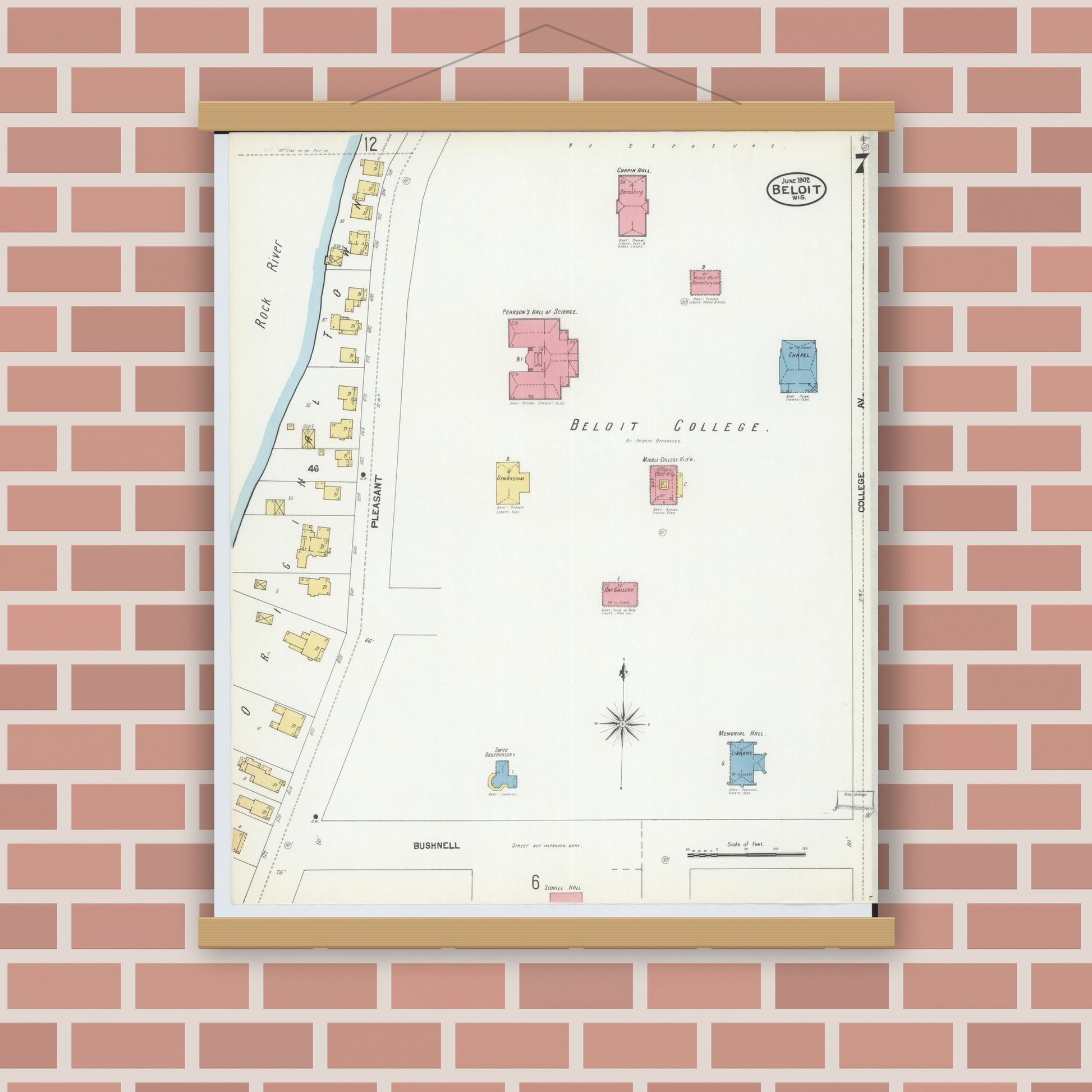Old map wall art mockup — magnetic wood frame on brick wall — Sanborn Fire Insurance Map from Beloit, Rock County, Wisconsin (1902), Sheet #0007