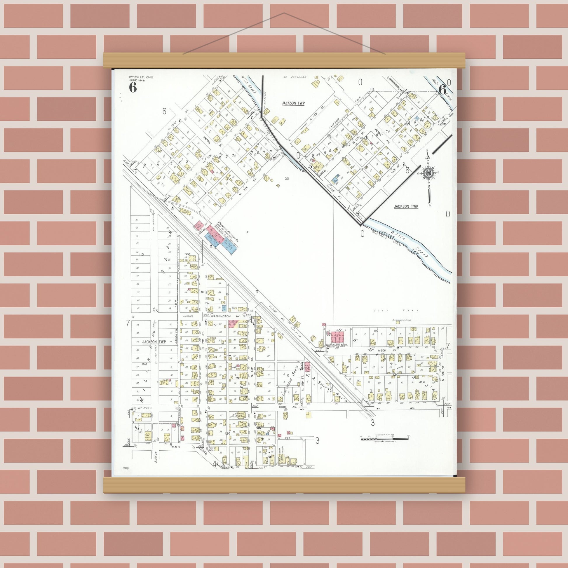 Old map wall art mockup — magnetic wood frame on brick wall — Sanborn Fire Insurance Map from Byesville, Guernsey County, Ohio (1948), Sheet #0006