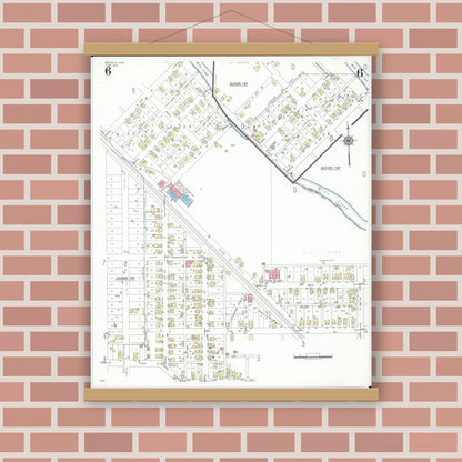 Old map wall art mockup — magnetic wood frame on brick wall — Sanborn Fire Insurance Map from Byesville, Guernsey County, Ohio (1948), Sheet #0006