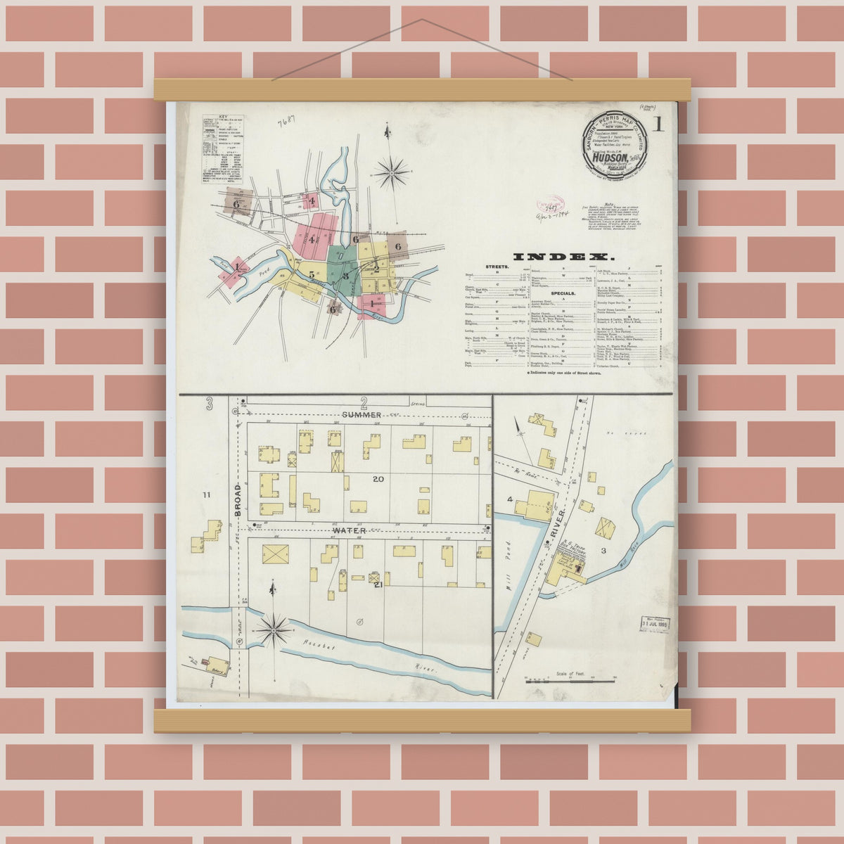 Old map wall art mockup — magnetic wood frame on brick wall — Sanborn Fire Insurance Map from Hudson, Middlesex County, Massachusetts (1894), Sheet #0001