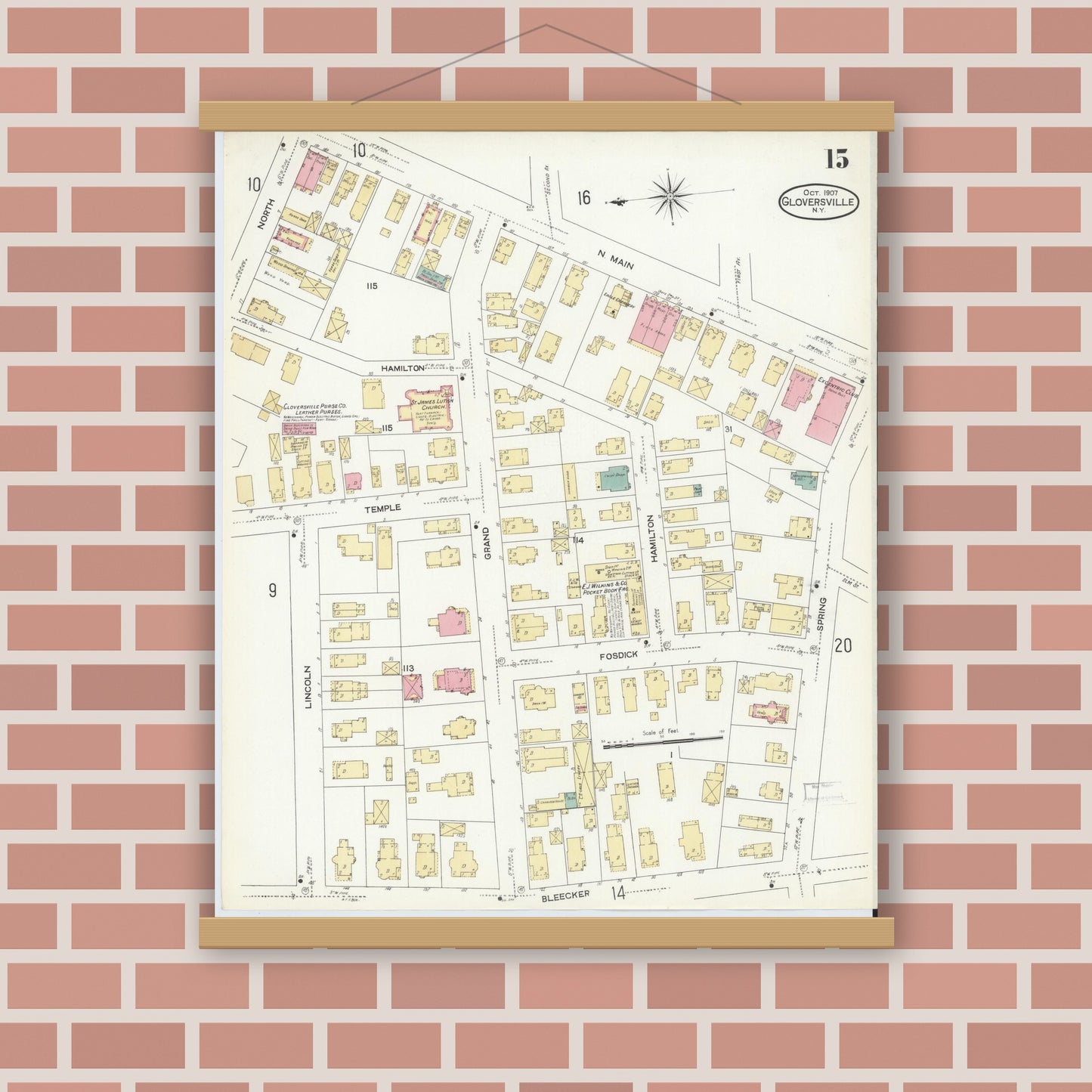 Old map wall art mockup — magnetic wood frame on brick wall — Sanborn Fire Insurance Map from Gloversville, Fulton County, New York (1907), Sheet #0015