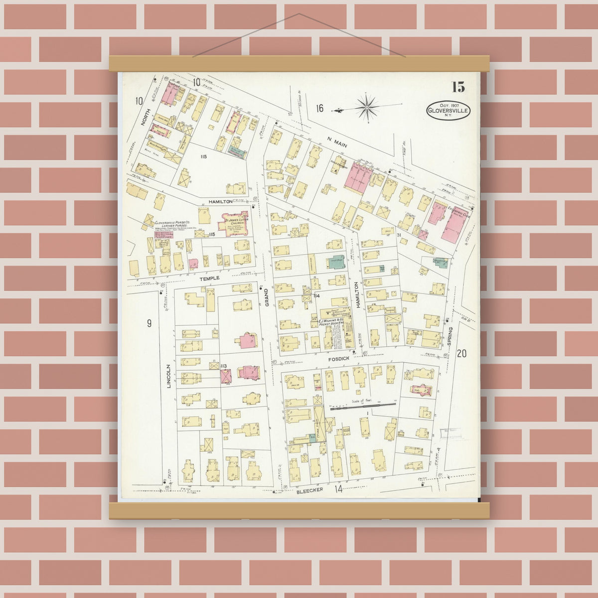 Old map wall art mockup — magnetic wood frame on brick wall — Sanborn Fire Insurance Map from Gloversville, Fulton County, New York (1907), Sheet #0015