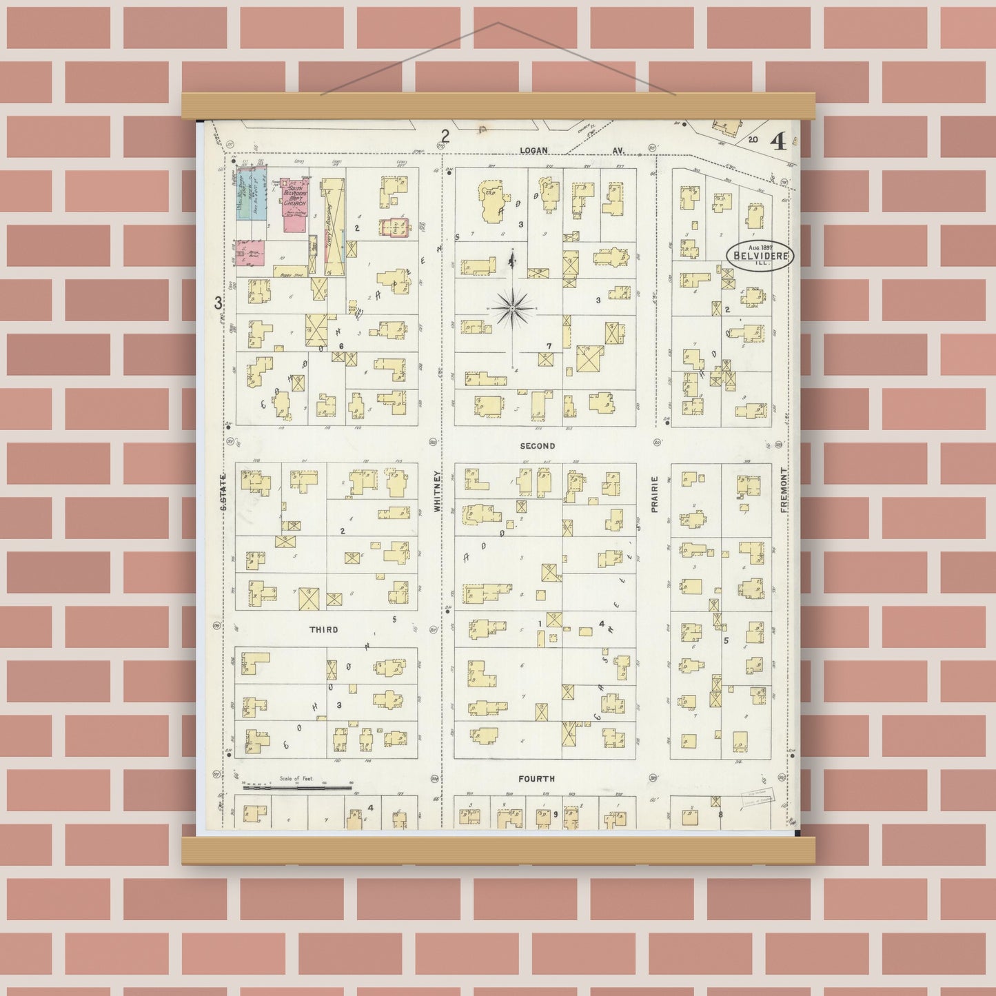 Old map wall art mockup — magnetic wood frame on brick wall — Sanborn Fire Insurance Map from Belvidere, Boone County, Illinois (1897), Sheet #0004