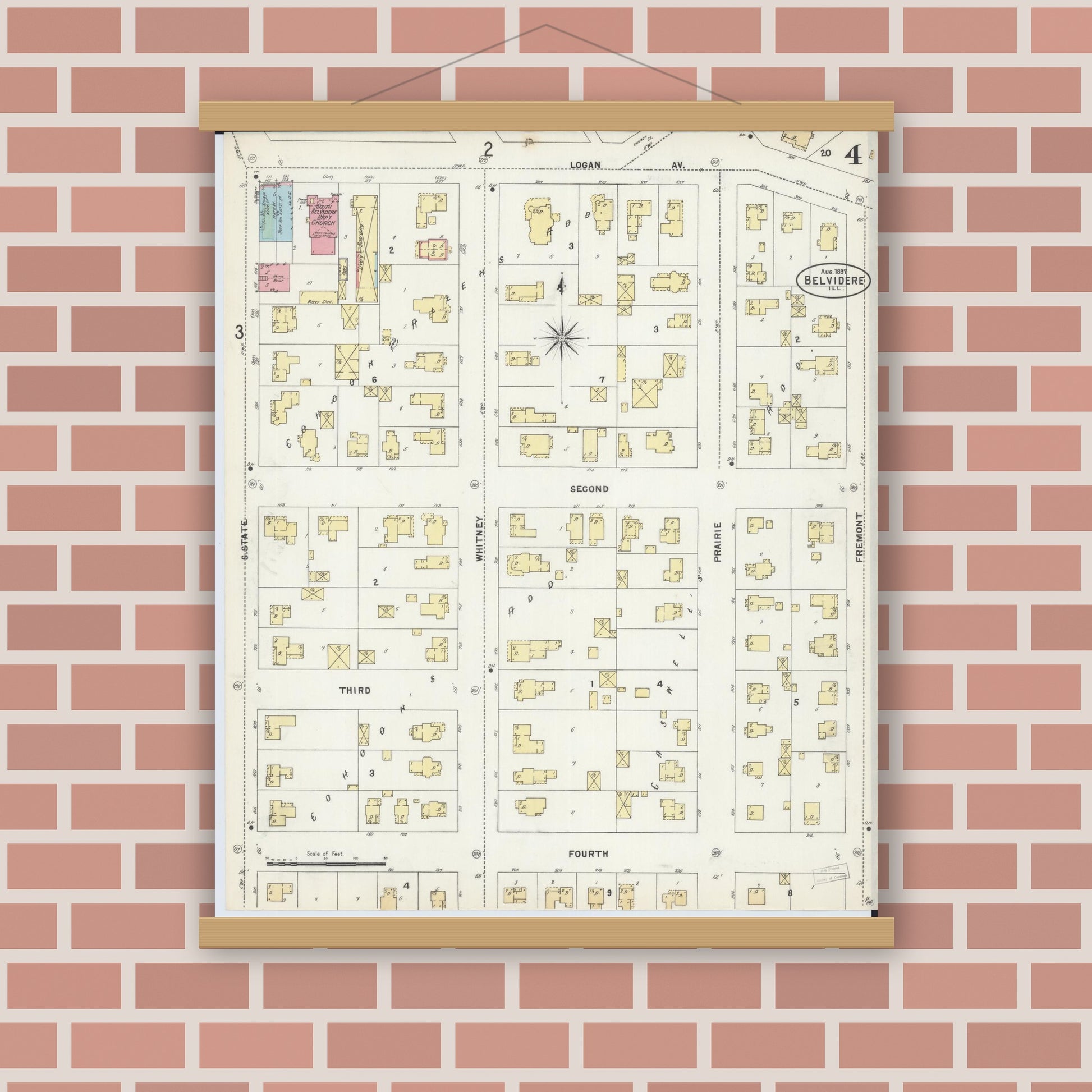 Old map wall art mockup — magnetic wood frame on brick wall — Sanborn Fire Insurance Map from Belvidere, Boone County, Illinois (1897), Sheet #0004