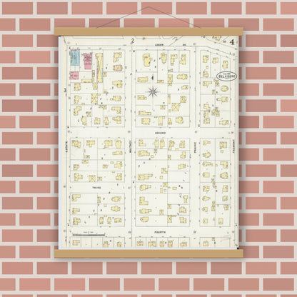 Old map wall art mockup — magnetic wood frame on brick wall — Sanborn Fire Insurance Map from Belvidere, Boone County, Illinois (1897), Sheet #0004